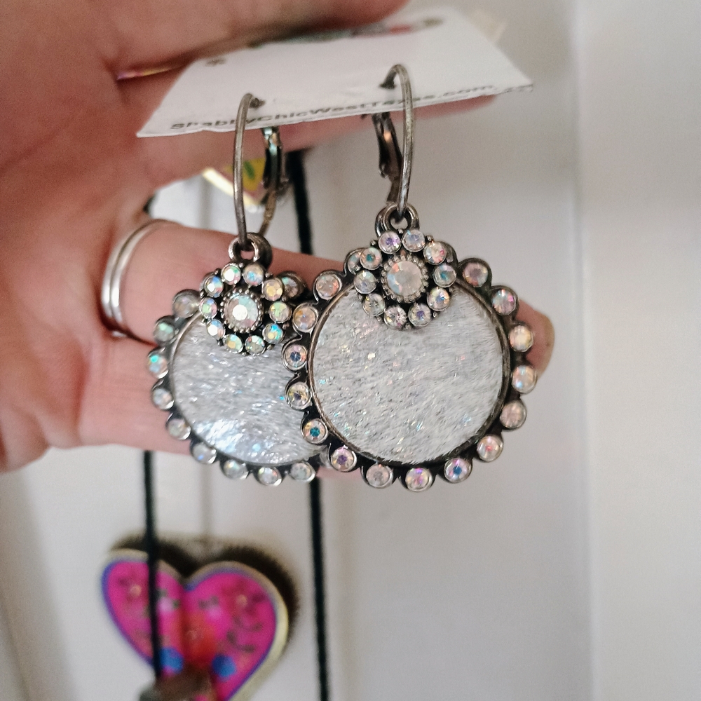 Silver-Tone White Glitter Round Drop Earrings with Aurora Rhinestones
